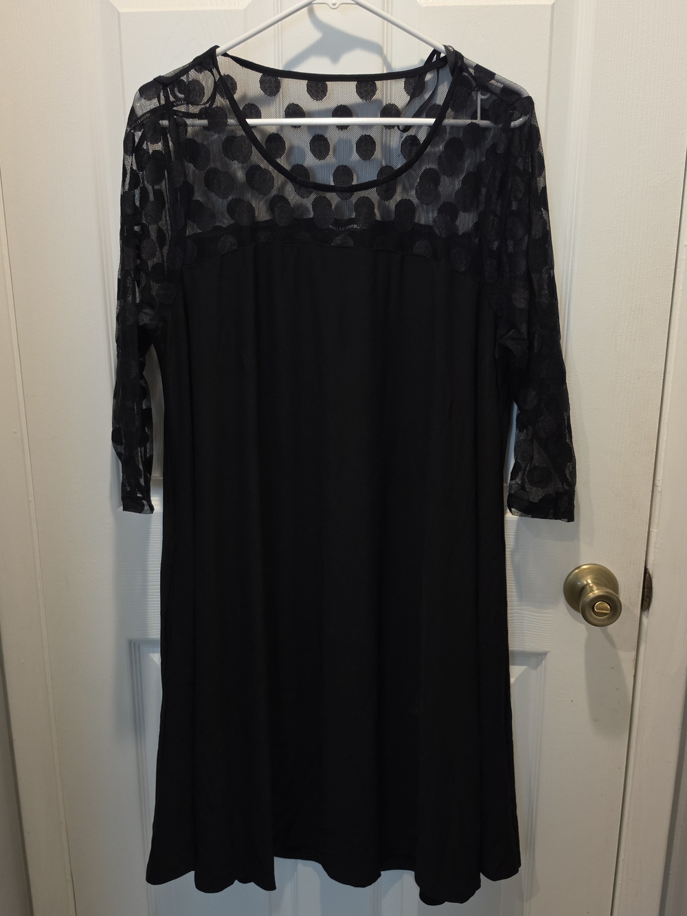 Nina Leonard Black Sheer Polka Dot Mesh Yoke A-Line Dress Plus Size 1X
